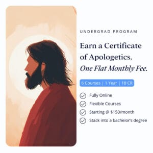 Illustration of a bearded man in profile against a warm background, beside text promoting an undergrad apologetics program.