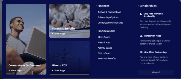 Dashboard-style navigation in dark blue with three-column grid: a large left tile showing a person with a laptop labeled 'Cornerstone OnDemand', and two smaller tiles 'Veterans Benefits' and 'Give to CCS'; the right column lists 'Finances', 'Scholarships', 'Financial Aid' and partner programs like 'Gary Foss Memorial Scholarship' and 'One Third Partnership'.