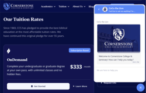 Tuition rates page for Cornerstone College with OnDemand plan shown at $333 per month on a dark blue layout; navigation bar at top.