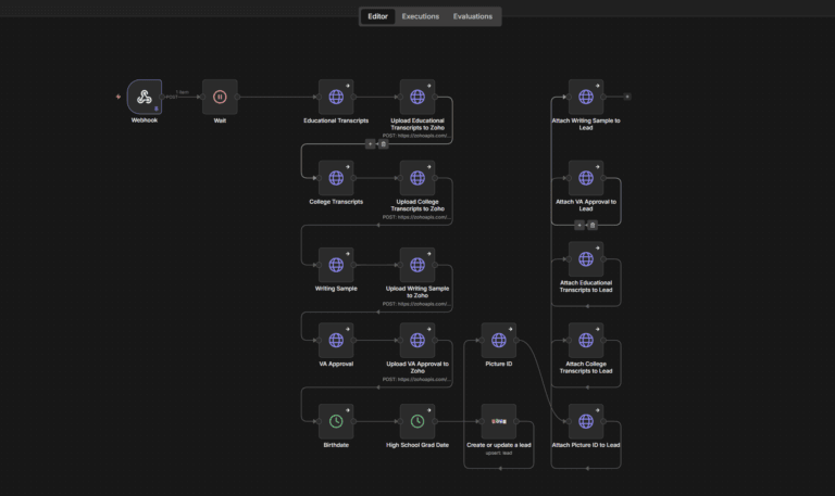 Workflow diagram of a lead onboarding process: Webhook triggers, wait, upload educational/vocational transcripts, and attach samples and approvals to a lead.