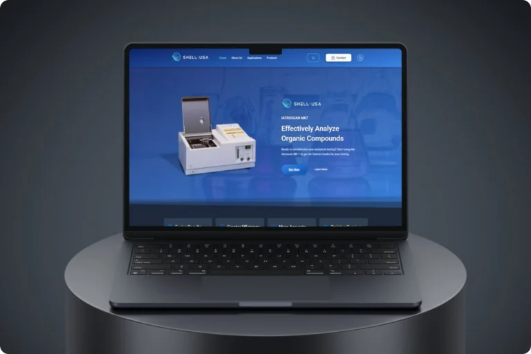 Laptop screen displaying a blue product page for Iatroscan MK7 with a lab instrument image and the headline 'Effectively Analyze Organic Compounds'.