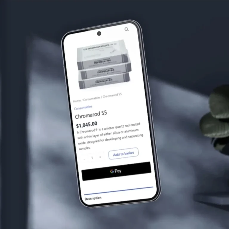 Product page on a phone showing Chromarod SS items with price and an Add to basket button